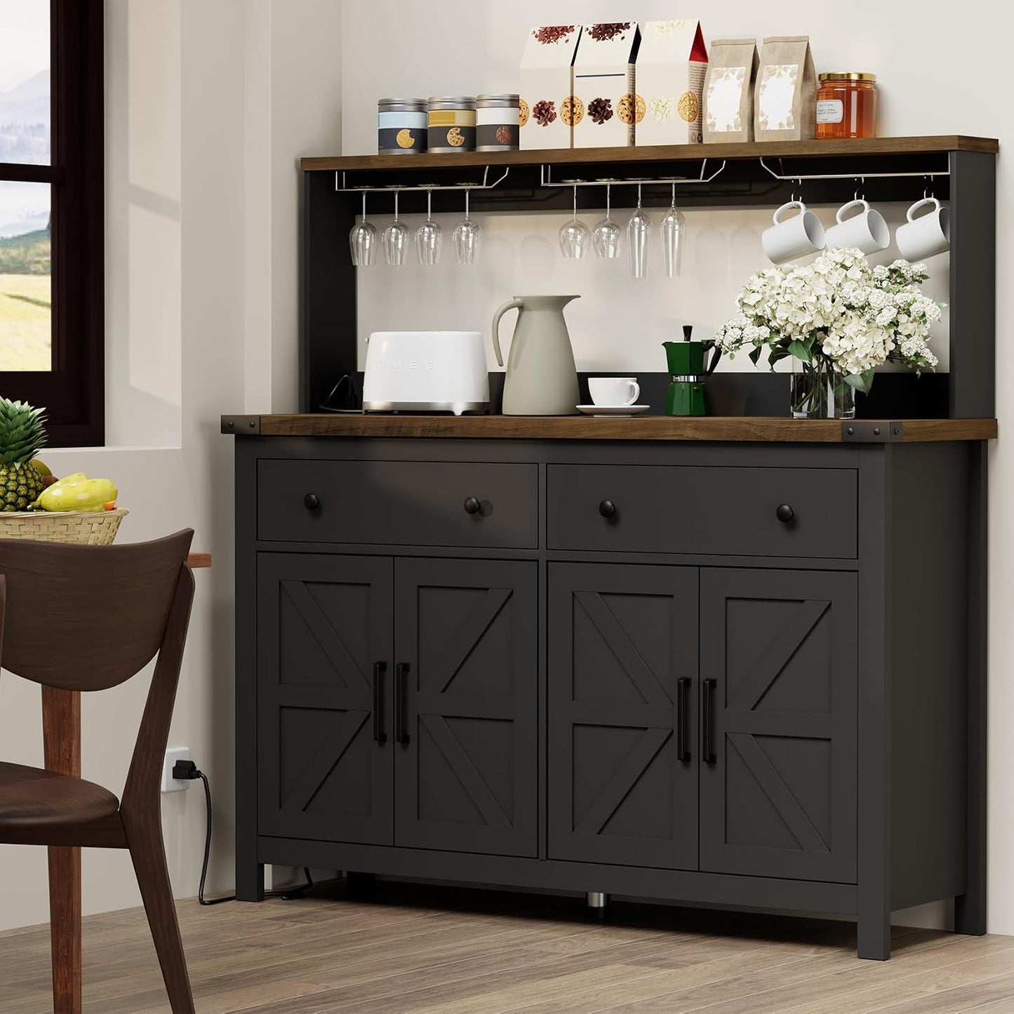 VVFLU Hutch Storage Cabinet Buffet with Drawers, and Charging Station, Coffee Bar Cabinet with Barn Doors, Wine Rack and Hooks, Countertop, Long Farmhouse, Black, for Kitchen, Dining Room, 54.1" High