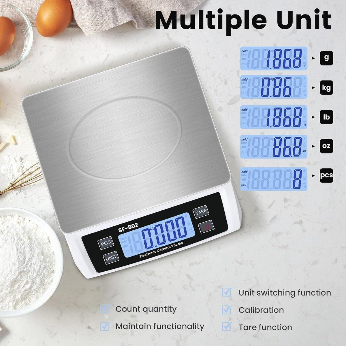 Digital Kitchen Scale 30kg/66lb Large Food Scale for Baking Cooking Stainless Bread Scale with LCD Display Counting Scales for Commercial(Color : Stainless White)