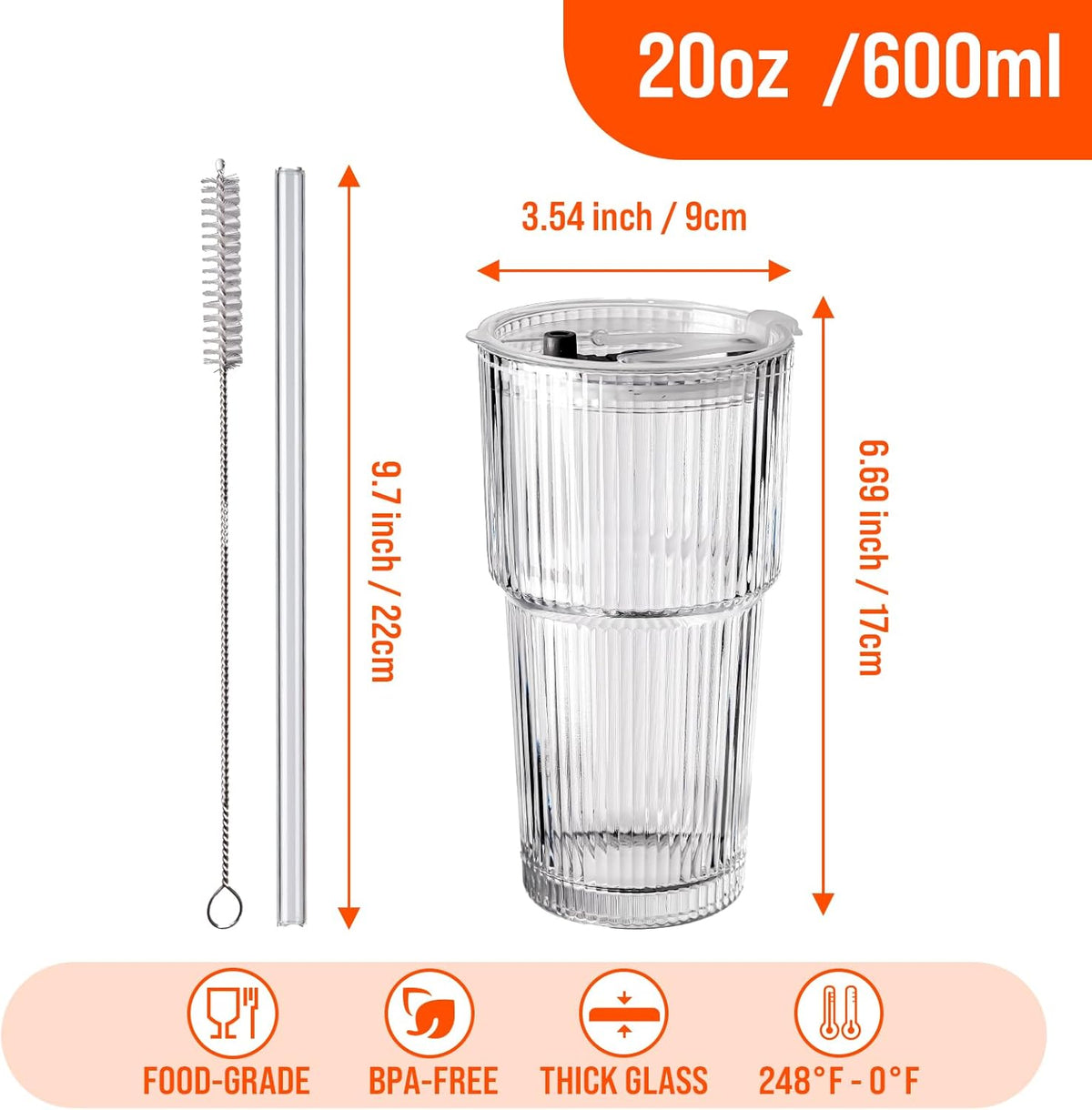 SUROQUE 20oz Ribbed Glass Tumblers with Lids &amp; Straws, Ideal for Iced Coffee, Cocktails &amp; More - Includes Cleaning Brush