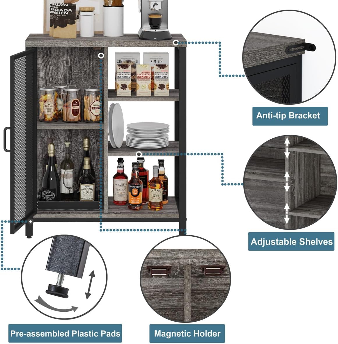 BON AUGURE Liquor Cabinet Bar for Home, Coffee Storage Cabinet | Adjustable Shelves, Small Wood Sideboard Buffet Station Cabinets with Door, for Kitchen/ Dining/ Entryway, Dark Grey Oak, 36"
