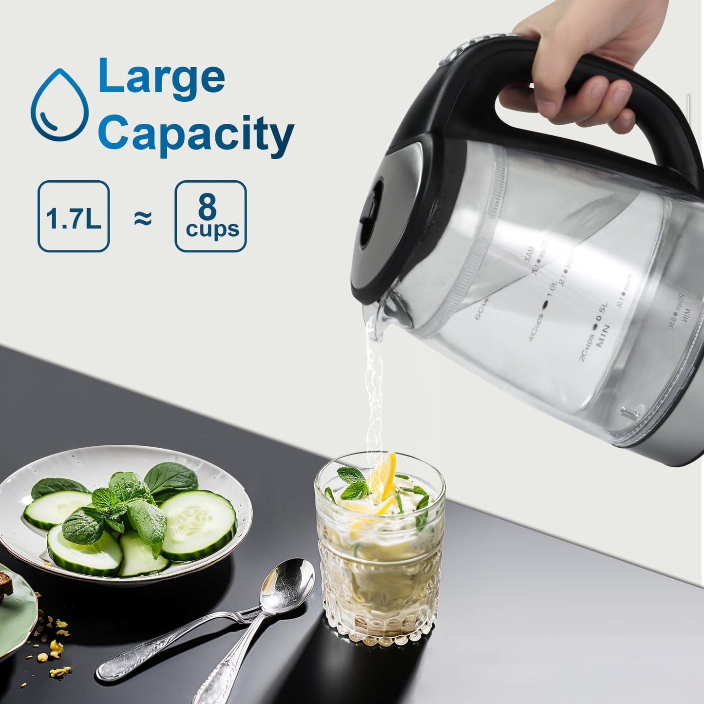 Cool Touch Electric Kettle with 6 Temp Presets for Tea/Coffee | 4H Keep Warm, Borosilicate Glass Inner and PC Outer Wall, BPA free, Auto Shut-off, 1.7L 1500W Fast Boil for Home/Office