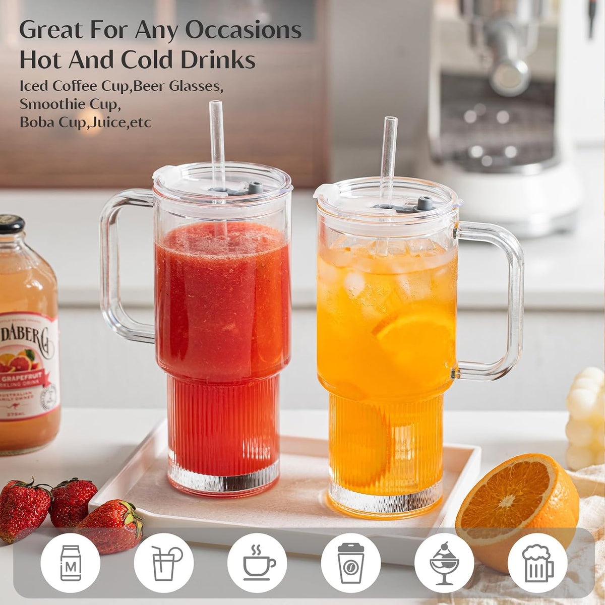 INSETLAN 24oz Glass Tumbler with Handle &amp; Lid – 2-Pack Large Iced Coffee Cups with Straws, Modern Glass Mug for Cold &amp; Hot Beverages, Aesthetic Glass Cups for Smoothies, Tea, and Juice