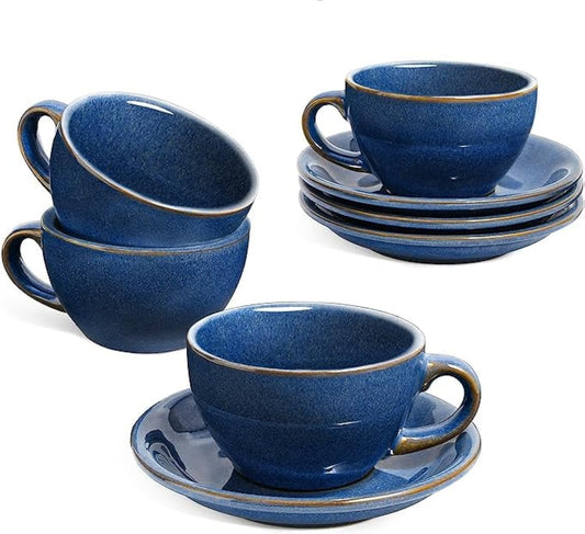 LE TAUCI 6 oz Cappuccino Cups with Saucers, Ceramic Coffee Cup for Au Lait, Double shot, Latte, Cafe Mocha, Tea - Set of 4,