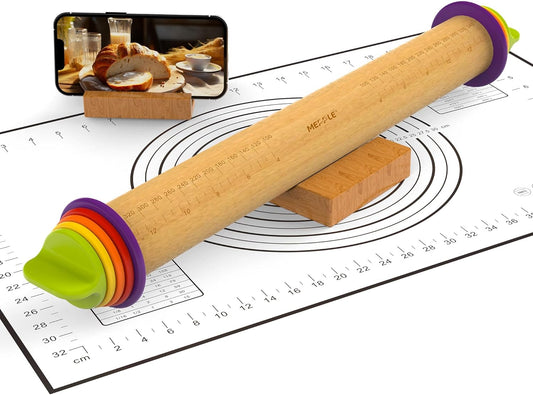Rolling Pin with Thickness Rings and Pastry Baking Mat, 13.6" Adjustable Wooden Rolling Pin Dough Roller for Baking Cookie