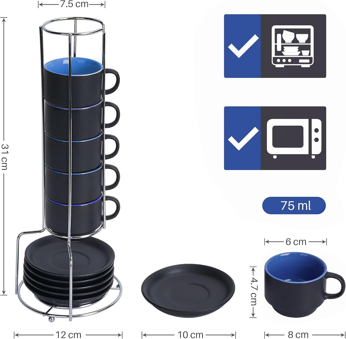 MIAMIO - 2.5 oz Espresso Cup Set with Saucers Coffee Mug Set of 6 - Ceramic Coffee Mug Stackable Espresso Mug with Stand for Coffee Drinks, Latte, Cafe Mocha - Le Papillon Collection (Blue)