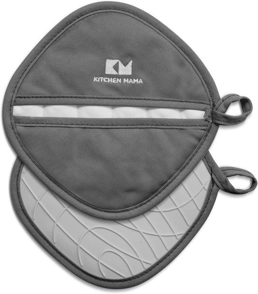 Kitchen Mama Silicone Pot Holders - Heat Resistant, Non-Slip Surface, Dual Pocket Design with Soft Cotton Lining, Safe,