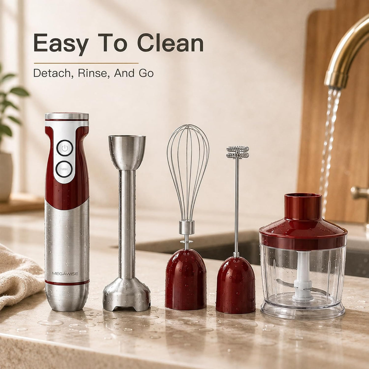 MEGAWISE 5-in-1 Immersion Hand Blender, 400W, Variable Speed, Red