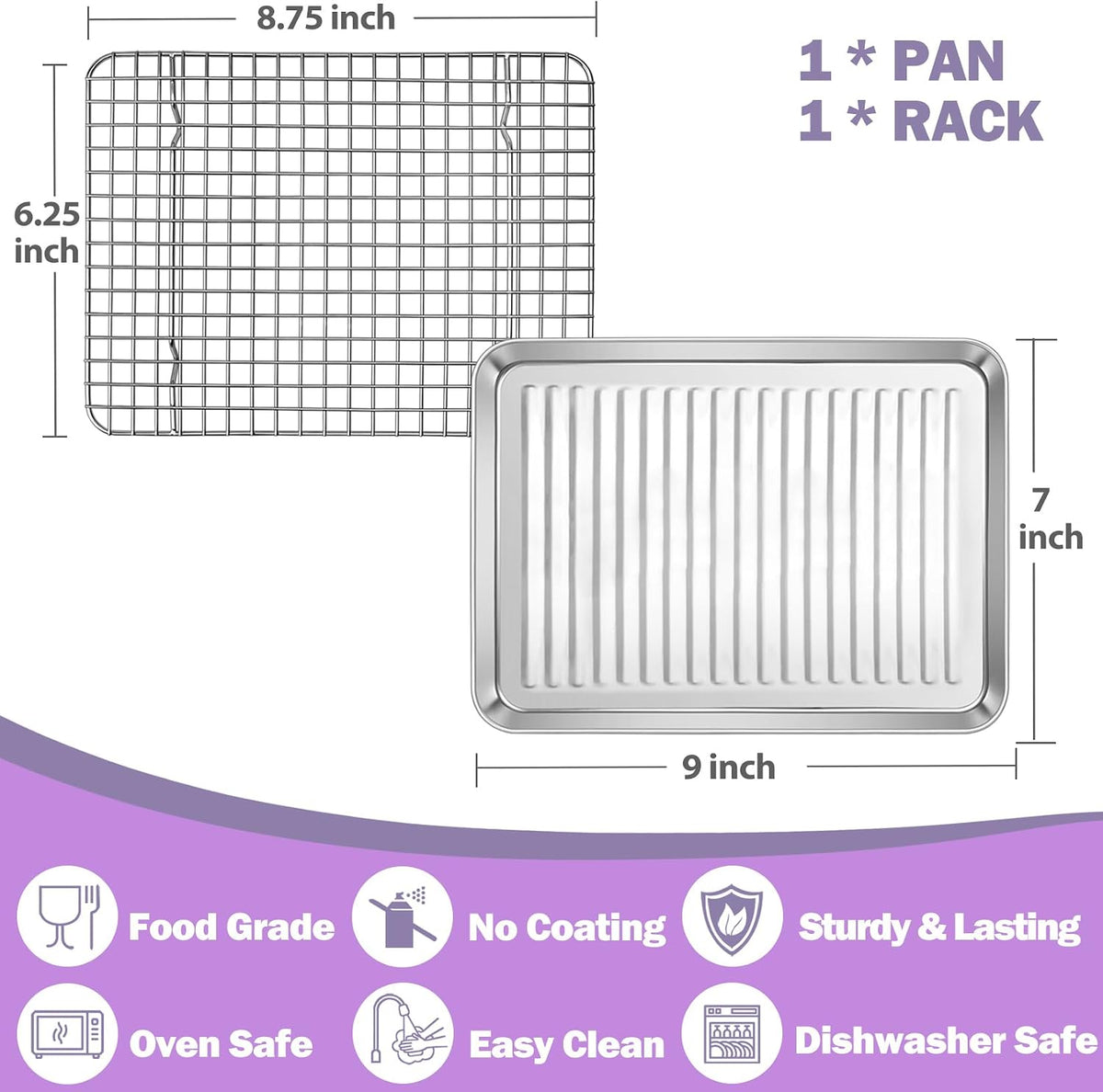 P&amp;P CHEF Baking Pan with Wire Rack, Oven Sheet Tray, 9 x 7 x 1 Inch | Stainless Steel Bacon Pan with Cooling Rack for Cooking Roasting Cookie, Dishwasher Safe &amp; Easy Clean,Heavy Duty &amp; Healthy