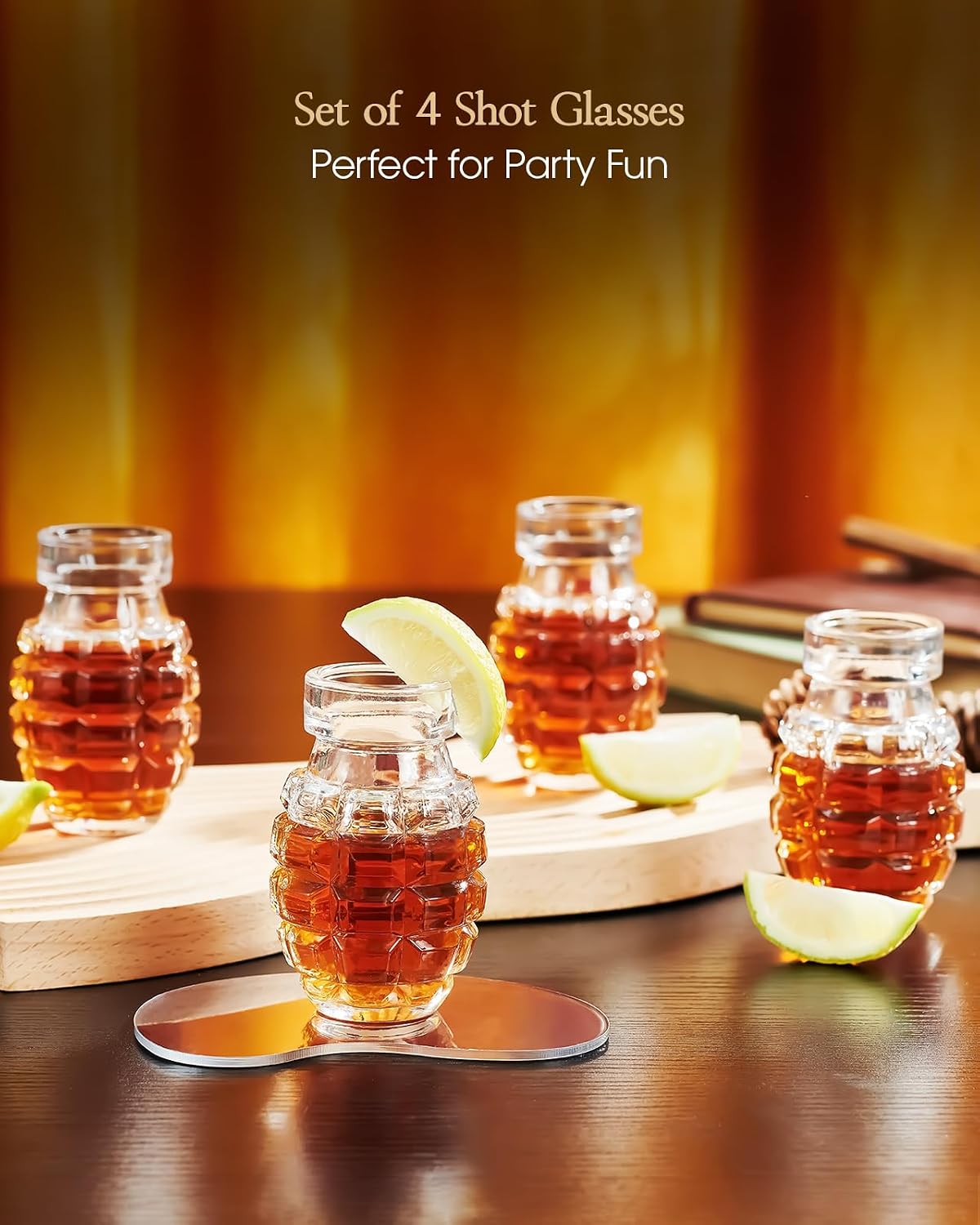Kollea Grenade Shaped Shot Glass Set, 4 Pcs 3.7 Oz Heavy-Base Cups | Thick Lead-Free Glass for Whiskey, Grenade Design, Tequila, Vodka, Liquor, Gifts for Men, Dad, Boyfriend, Party Cave Decor