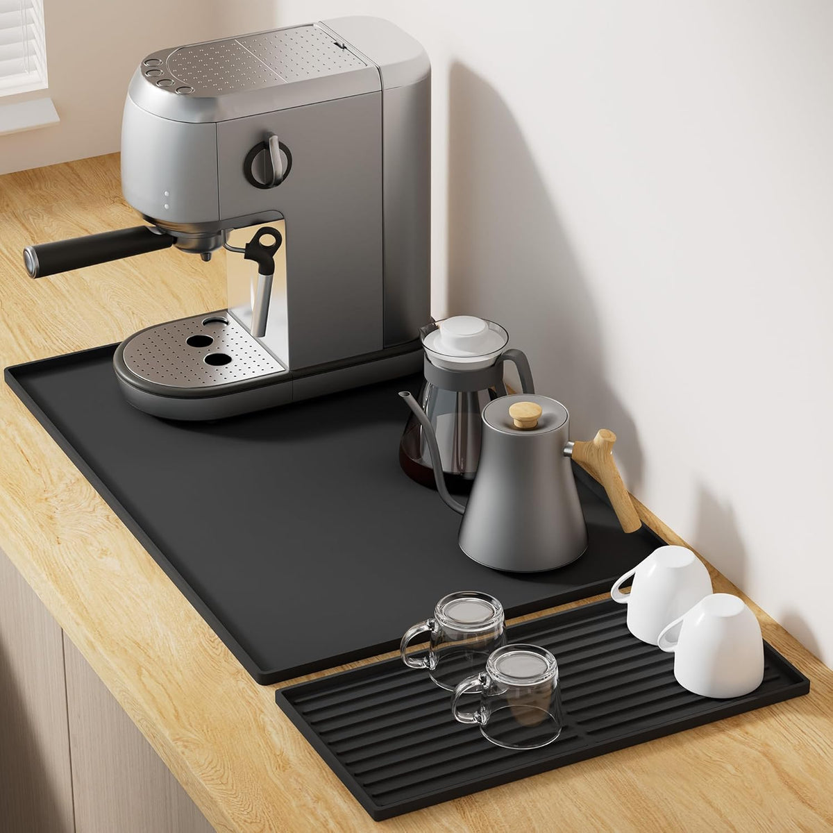 Golener Silicone Coffee Mat Set - 24" x 16" Coffee Bar Mat for Countertop, Kitchen Station Pad Accessories Fit Under Coffee Maker or Machine, Dish Drying Mat, Heat Resistant Kitchen Gadget, Black