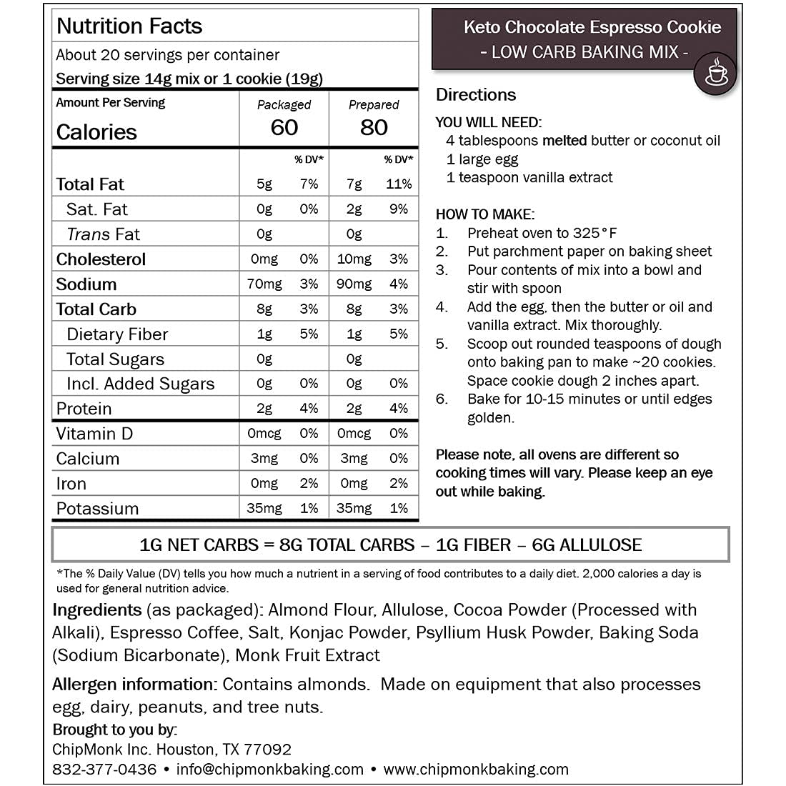 ChipMonk Espresso Chocolate Keto Cookie Mix Low Carb Gluten-Free Baking Mix | Gluten-Free Almond Flour Mix Yields 20 Soft, Chewy High-Protein Low-Carb Low-Sugar Cookies; 1g Net Carb Each