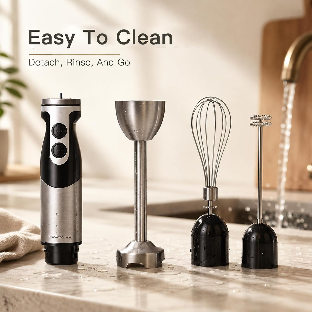 MegaWise 3‑in‑1 Immersion Hand Blender, 12‑Speed Titanium Stainless Steel Stick Blender with Whisk &amp; Milk Frother