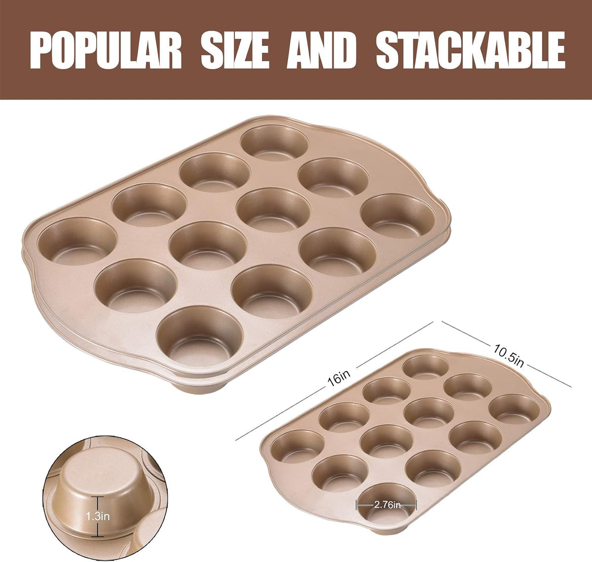 2 Pack Nonstick Muffin Pan Set, 12-Cup Heavy Duty Cupcake Baking Pan with Handles - PFOA-Free Muffin Tin, Rust Proof &amp; Warp Resistant, Oven Safe 430°F (Gold)