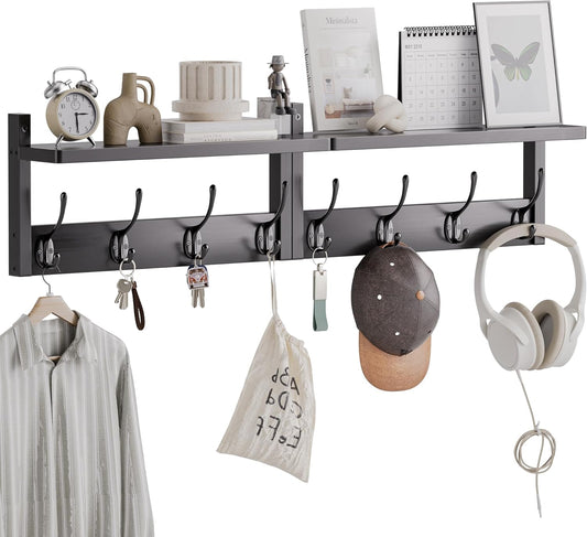 Coat Rack with Shelf, 2 Pack Bamboo Wall-Mounted Coat Hanger with 8 Hooks for Entryway, Hallway, Kitchen, Bathroom, Living