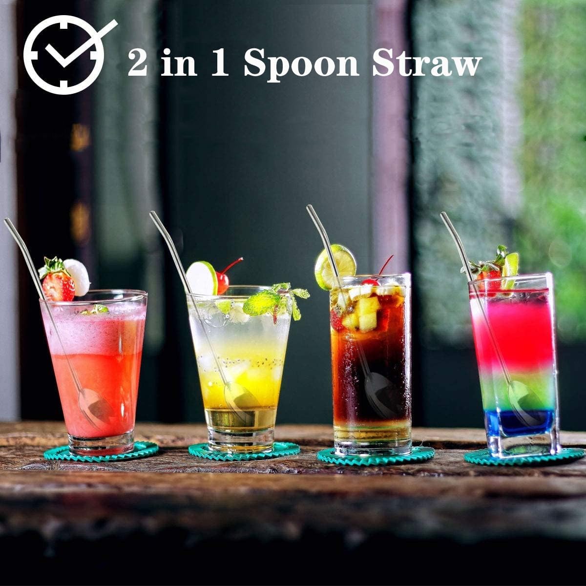 8pcs 2 in 1 Stainless Steel Straws Spoons with 2pcs Cleaning Brushes | Reusable Metall Straws Spoon Snow Cone Straws Drinking Stainless Steel Ice Tea Long Spoons Straws for Cocktail Milkshake
