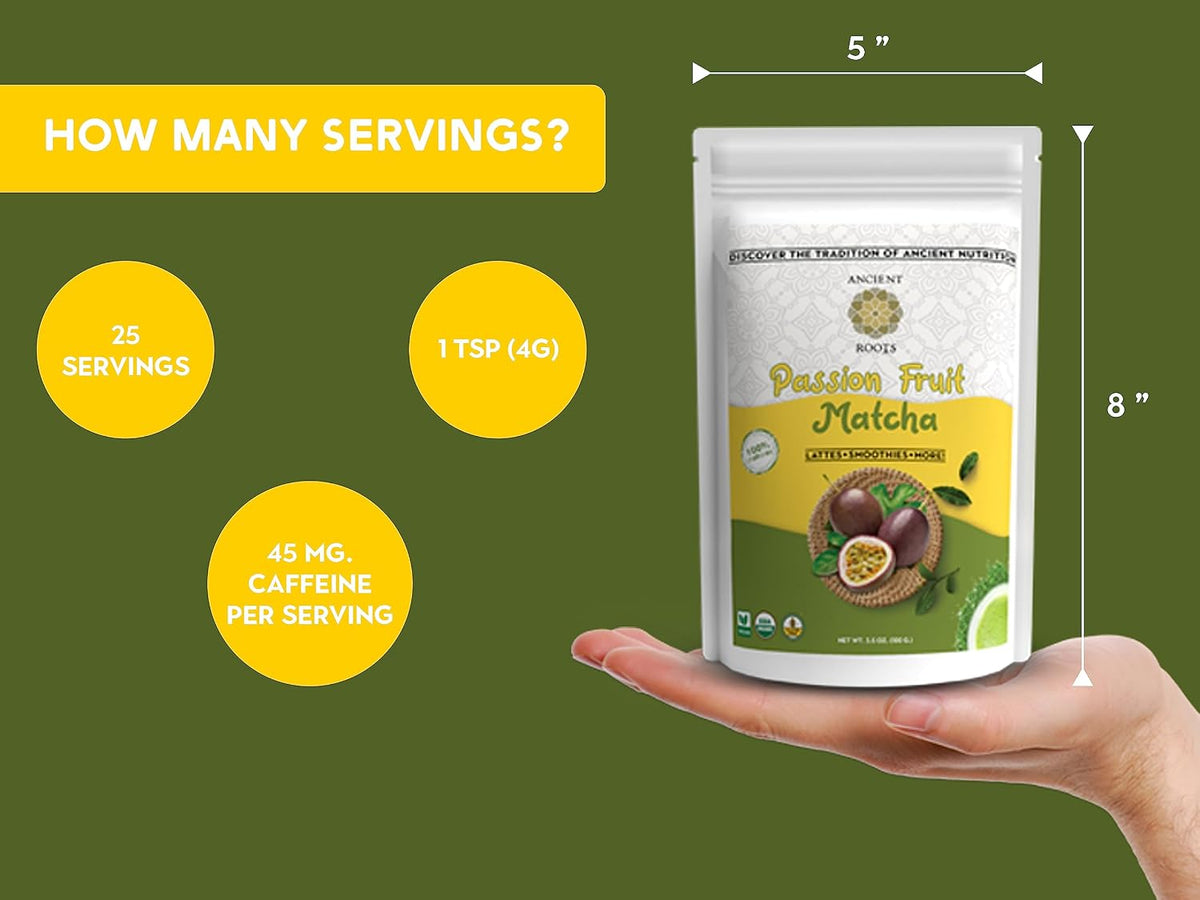 Ancient Roots Passion Fruit Matcha Mix – Organic Green Tea Powder for Lattes, Smoothies, &amp; Baking Matcha Powder, Antioxident 100% Natural, Vegan, Gluten-Free (3.5 OZ, Passion Fruit)