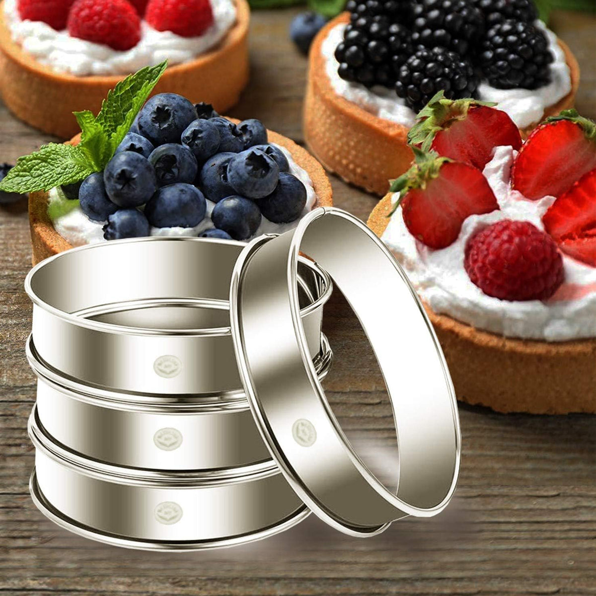 NewlineNY Stainless Steel 5 Pcs double rolled edges Circular Round Tart Rings, Pastry Muffin Molding Plating, Set of 5 : 1 x (28cm 11") + 4 x (10cm 4") x (2.2cm 0.85" H)