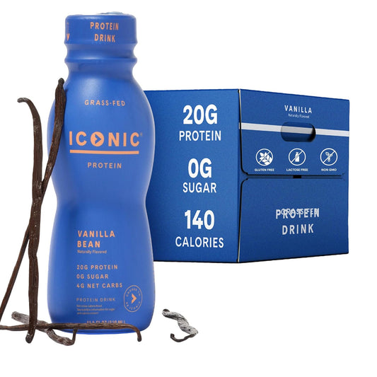 Iconic Protein Drinks, Vanilla Bean (12 Pack) - Sugar Free & Low Carb - 20g Grass Fed Protein - Lactose Free, Gluten Free,