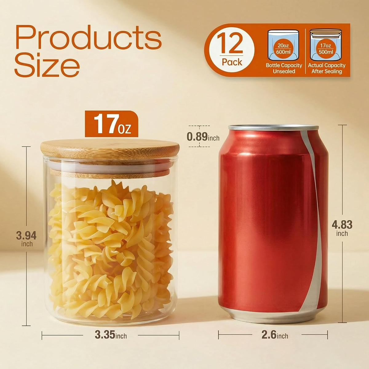 17 oz Glass Jars with Bamboo Lids, Airtight Food Storage Containers, 12Pack