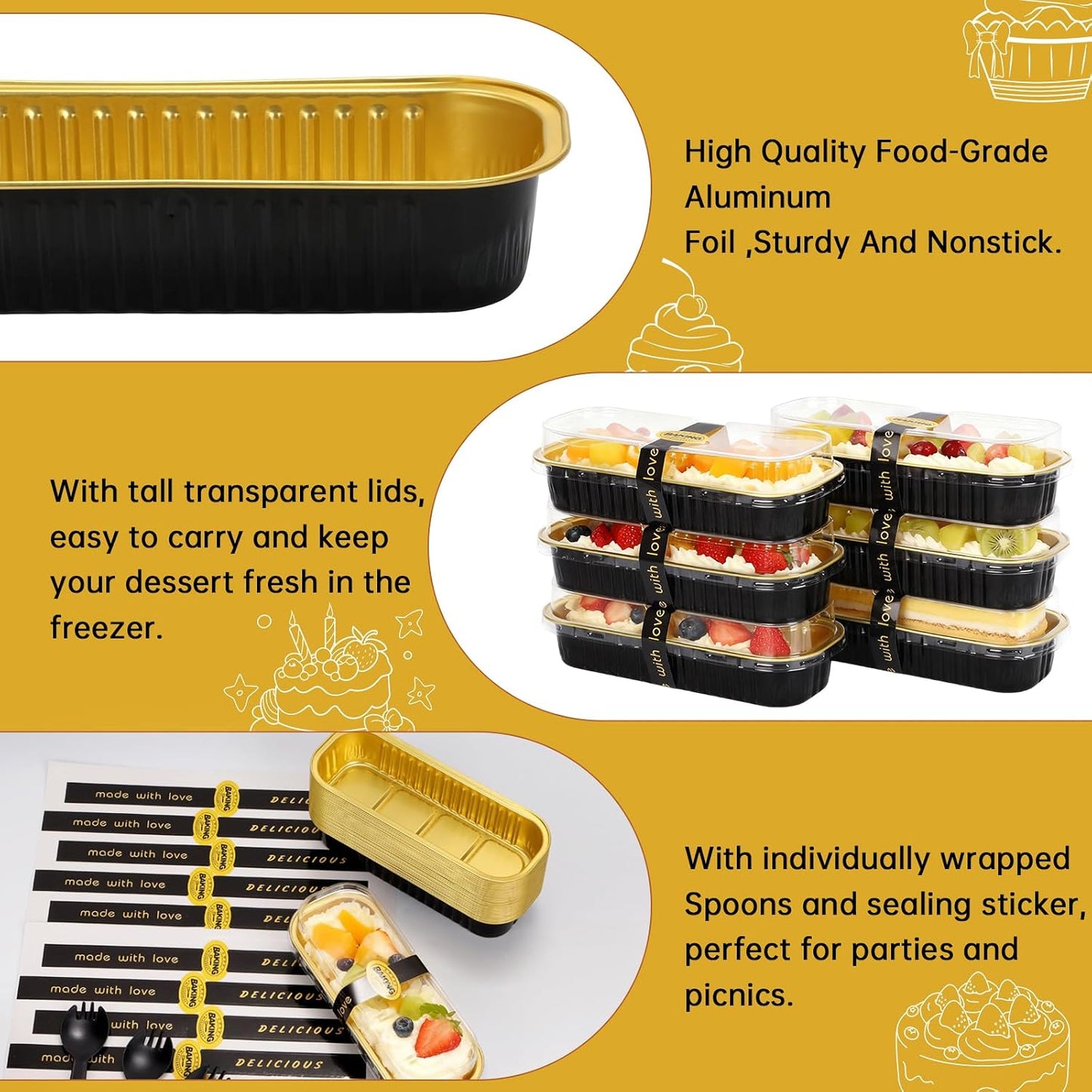 100 Pack 6.8 oz Rectangular Mini Loaf Pans with Lids and Spoons,Disposable Aluminum Foil Mini Cake Pans and Baking Tins with Sealing Stickers, Individual Black Dessert Containers for Parties