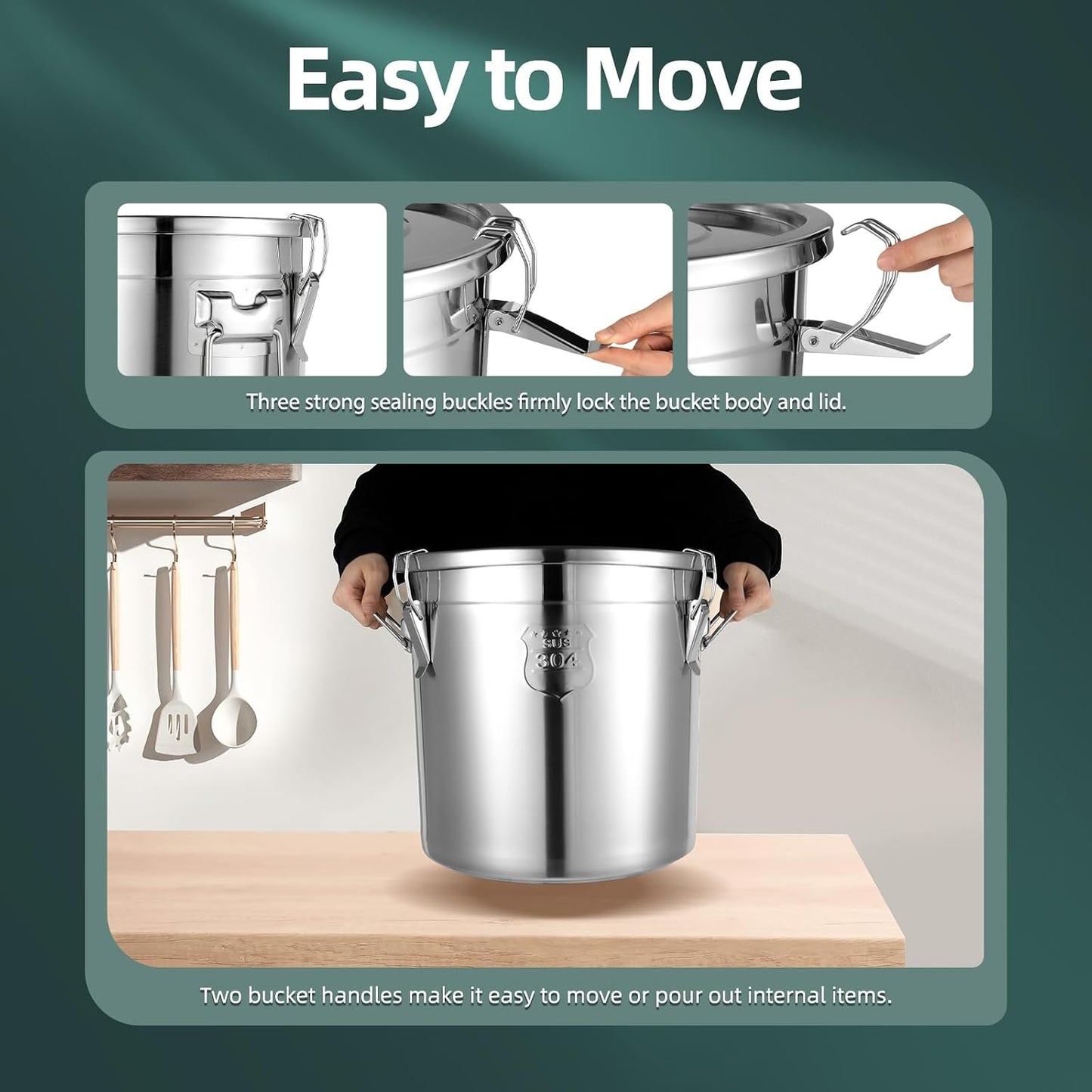 PERFERATE 304 Stainless Steel Container 21L Airtight Food Storage Container with Lids &amp; Locking Clips Stainless Steel Bucket for Kitchen, Grain, Flour, Coffee Bean, Dog Food (21L)