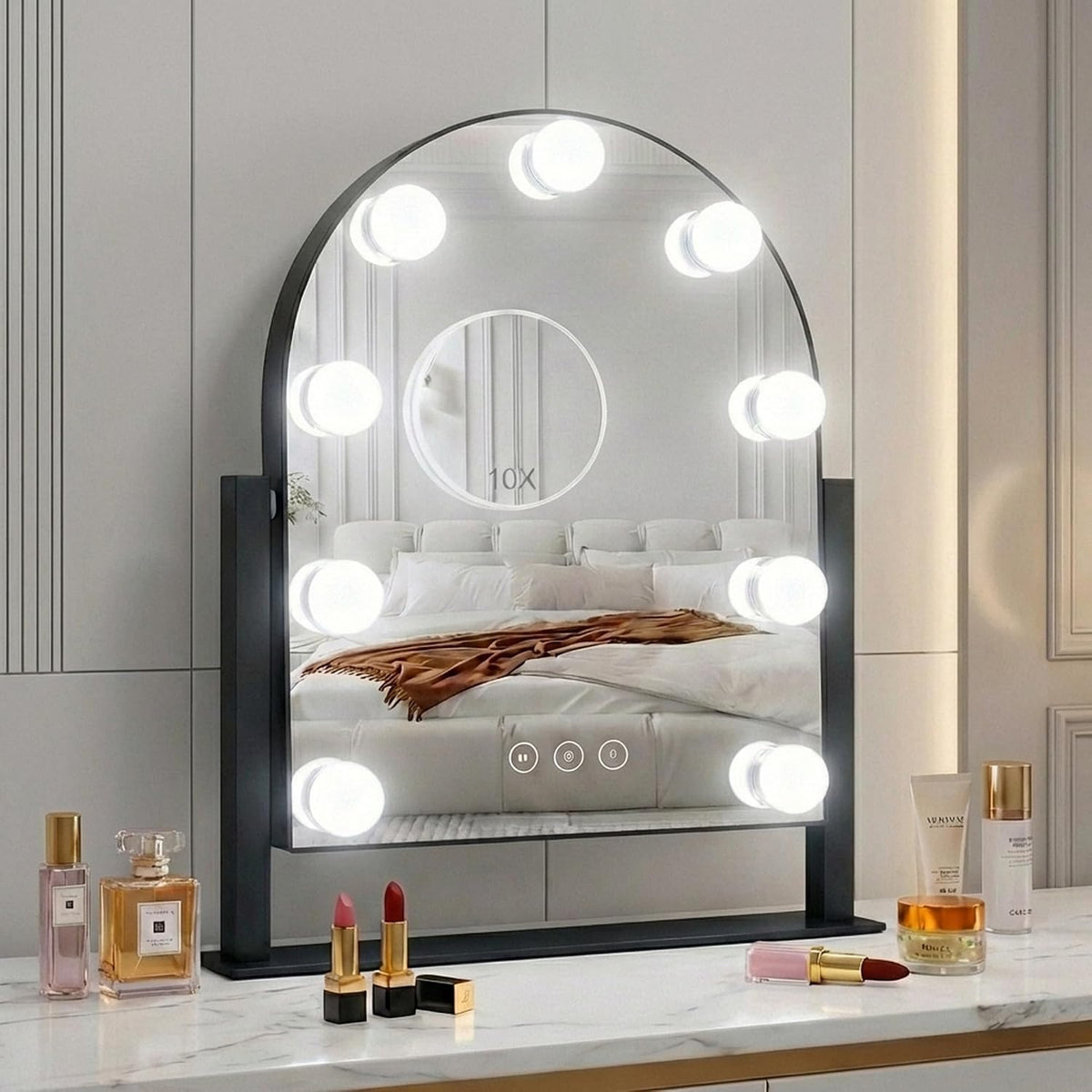 Arched Makeup Vanity Mirror with Lights,10X,Black,14.17"x11.81" | Vanity Mirror with Detachable 10X Magnification Mirror, Rechargeable, 3 Color Lights,Smart Touch, 360‑Degree Swivel