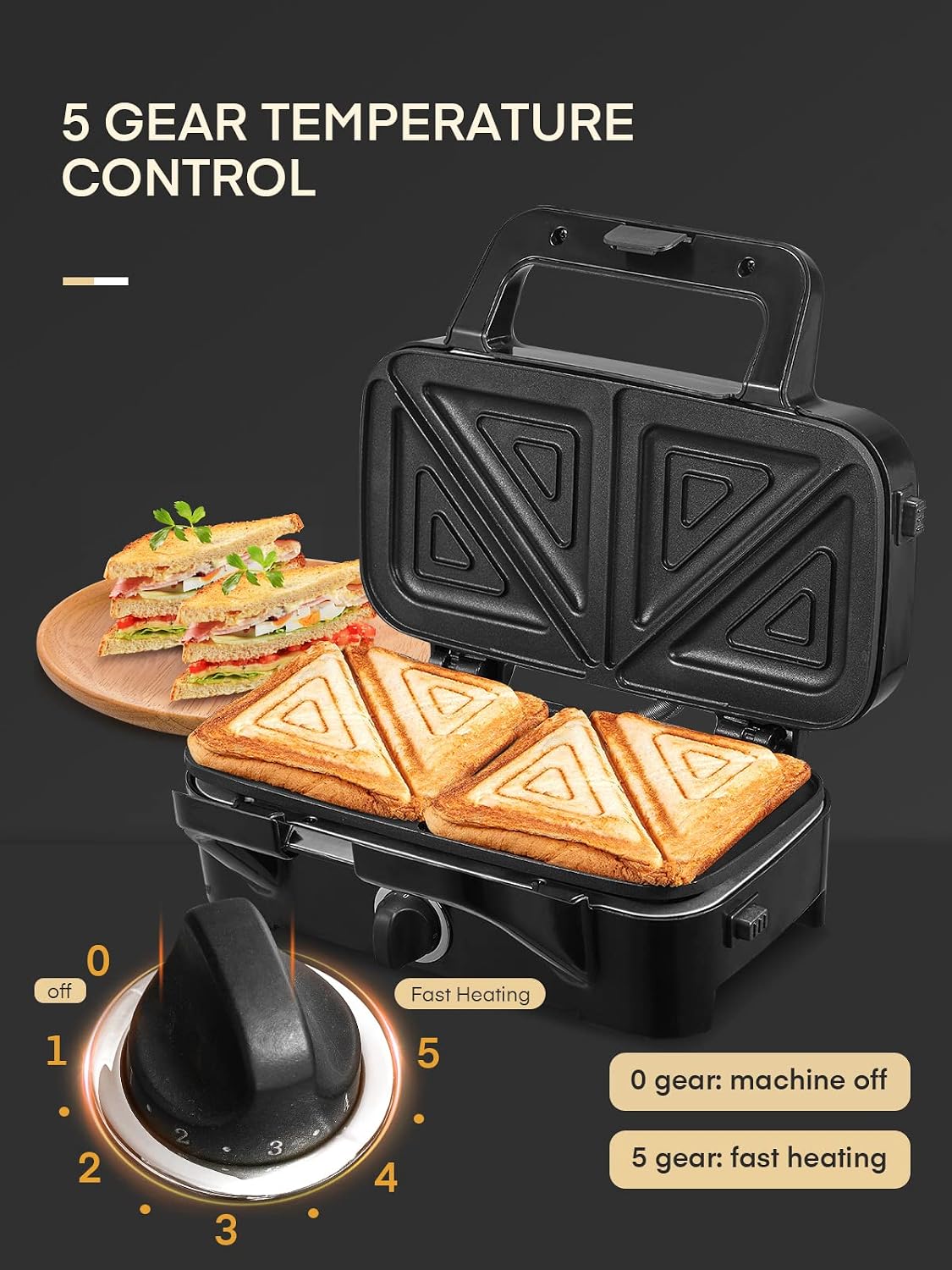 FOHERE Sandwich Maker 3 In 1 Waffle Maker With Removable Plates,Grilled Cheese Maker, 5-gear Temperature Control, Non-stick Coating Easy to Clean, Indicator Lights, Silver/Black