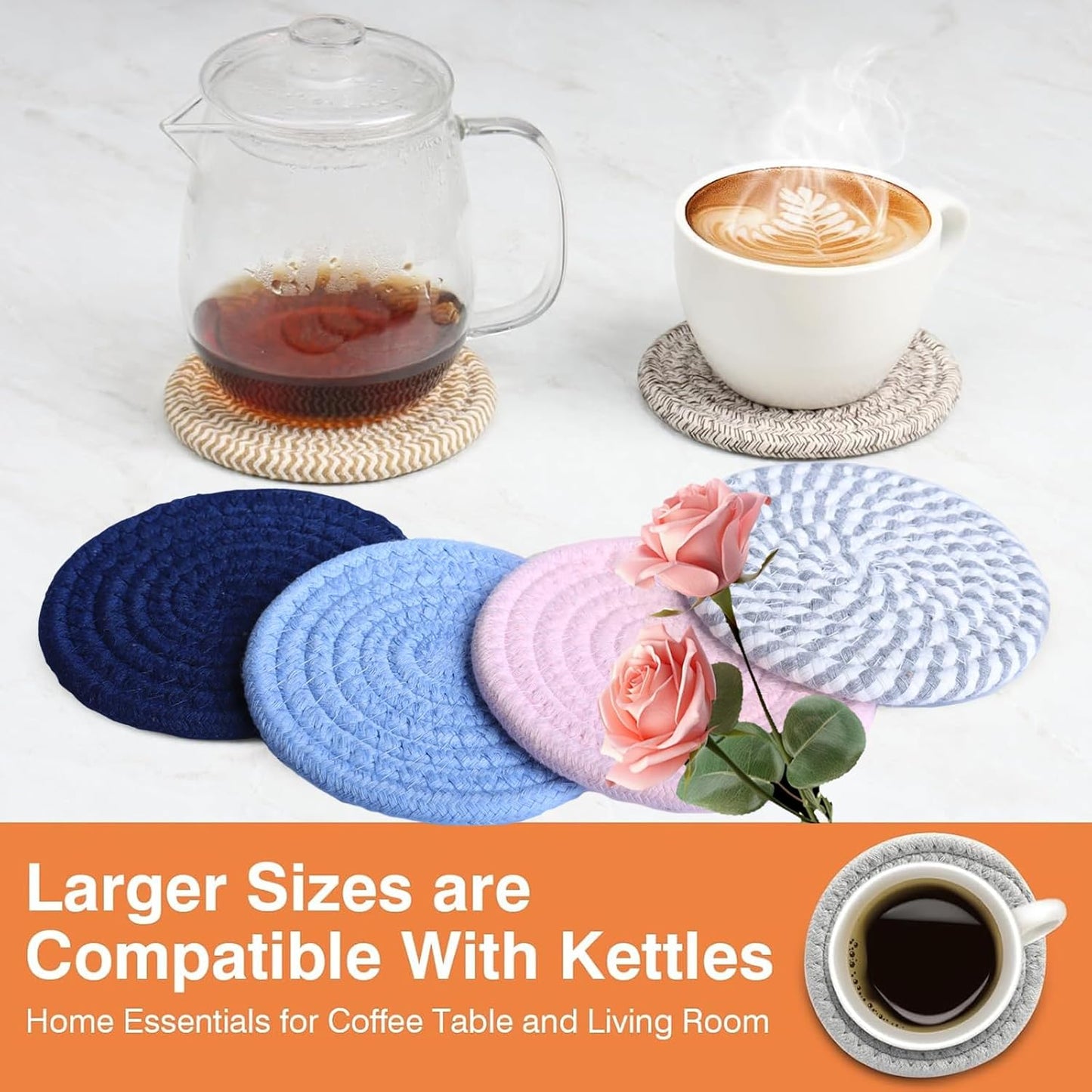 4.8" Sakura Pink Cotton Coasters for Drinks Set of 2 – Soft Absorbent Fabric Drink Pads for Coffee Cups, Boho Pastel Mug Mats for Desk, Nightstand, Dorm & Home Decor – Minimalist & Gift-Ready