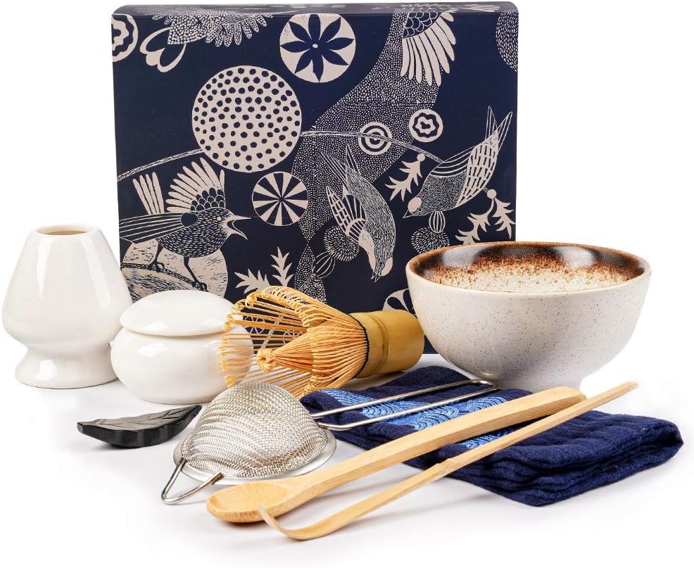 Bamboo Matcha Whisk and Bowl Set - Authentic Matcha Kit for Traditional Tea, 9 Pcs