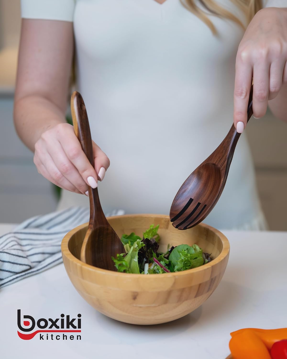 Boxiki Kitchen Luxury Teak Wood Utensil Set - Elegant 6-Piece Cooking Ensemble Including Spoons, Server, Scraper &amp; Spatula - Expertly Crafted for Culinary Excellence