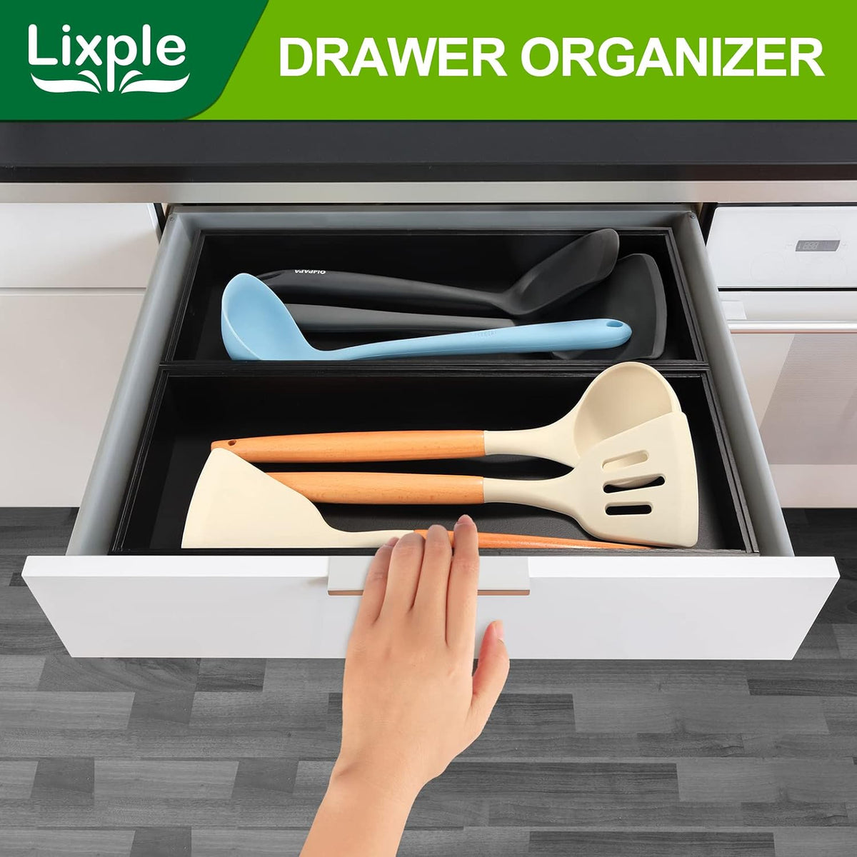 Lixple Bamboo Kitchen Drawer Organizer, 2 Pack, 15" x 6" x 2", Black