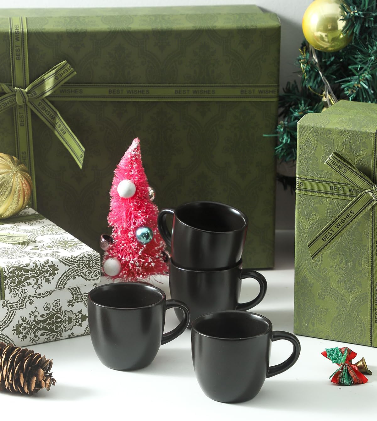 Hasense Espresso Cups Set of 4 Perfect for Demitasse, Cappuccino, Tea Bag and Juice, 5 Ounce Ceramic Stackable Mini Coffee Mugs Suit for Espresso Machine and Coffee Maker, Black