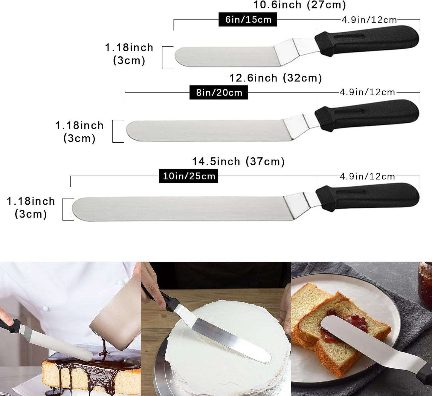 Offset Icing Spatula Set, Stainless Steel Cake Decorating Tools | 6",8",10" blades, non-slip handles, 3 scrapers. Angled offset for easy frosting. Ideal for baking &amp; cake decorating