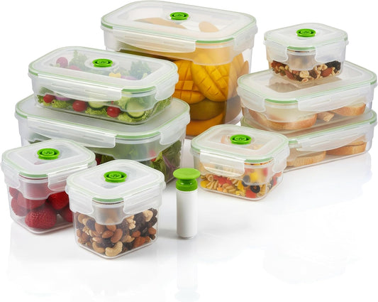 Lasting Freshness 19 piece Vacuum Seal Food Storage Containers with Vacuum Pump, Airtight and Leak Proof, Vacuum Sealed Food
