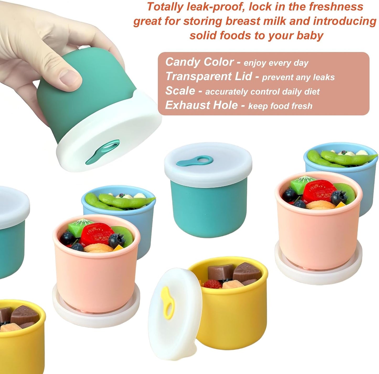 8.5 OZ Silicone Food Storage Containers, Baby Food Storage Jars with Airtight Lids and Snack Cup Lid, Freezer, Microwave and Dishwasher Safe, Reusable Snack Containers for Kids, Infant, Toddler, 4 Pcs