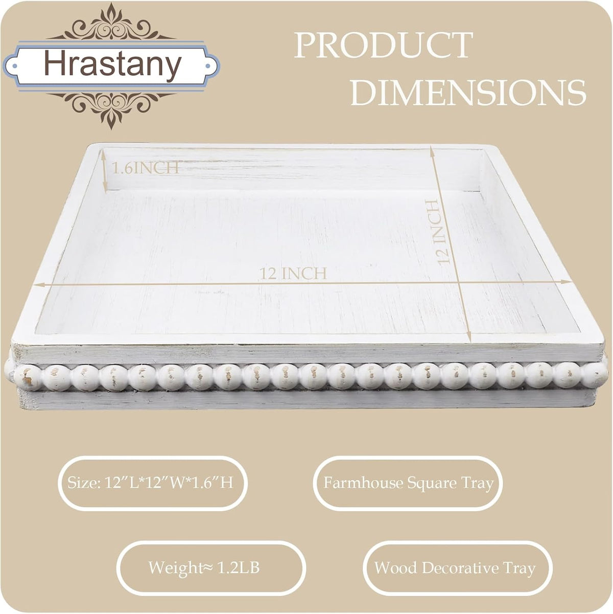 Hrastany Square Wood Decorative Serving Tray, 15"*9" Whitewashed