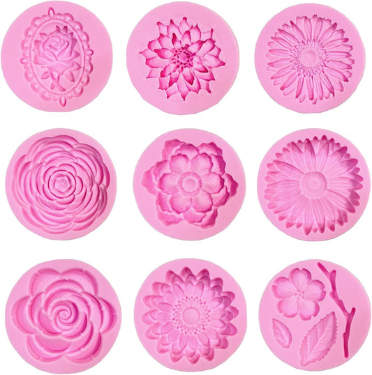 9 Pcs Flowers Fondant Molds Silicone for Cupcake Dessert | Chocolate Jelly Cookie Decor, Jewelry, Pastry, Handmade Soap Mould Candy Making