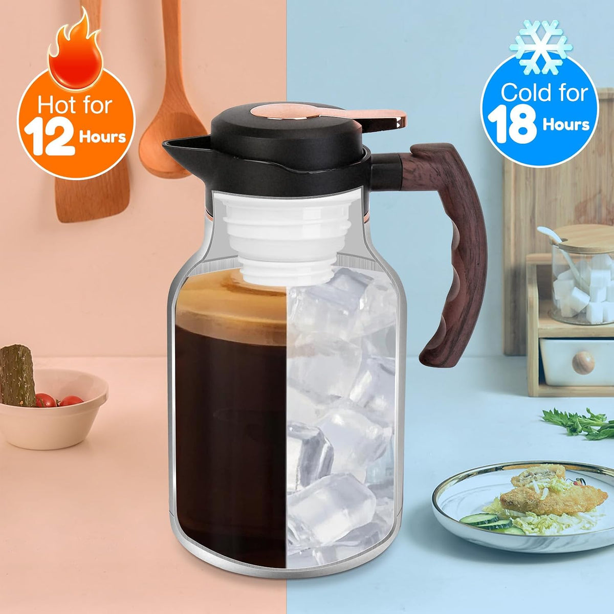 54oz Thermal Coffee Carafe, Stainless Steel Insulated Vacuum Carafe | BPA-Free, Double Wall Vacuum, Keeping Hot for 12 Hours, with Anti-Leakage, Non-Slip Base, Ergonomic Handle, Silver