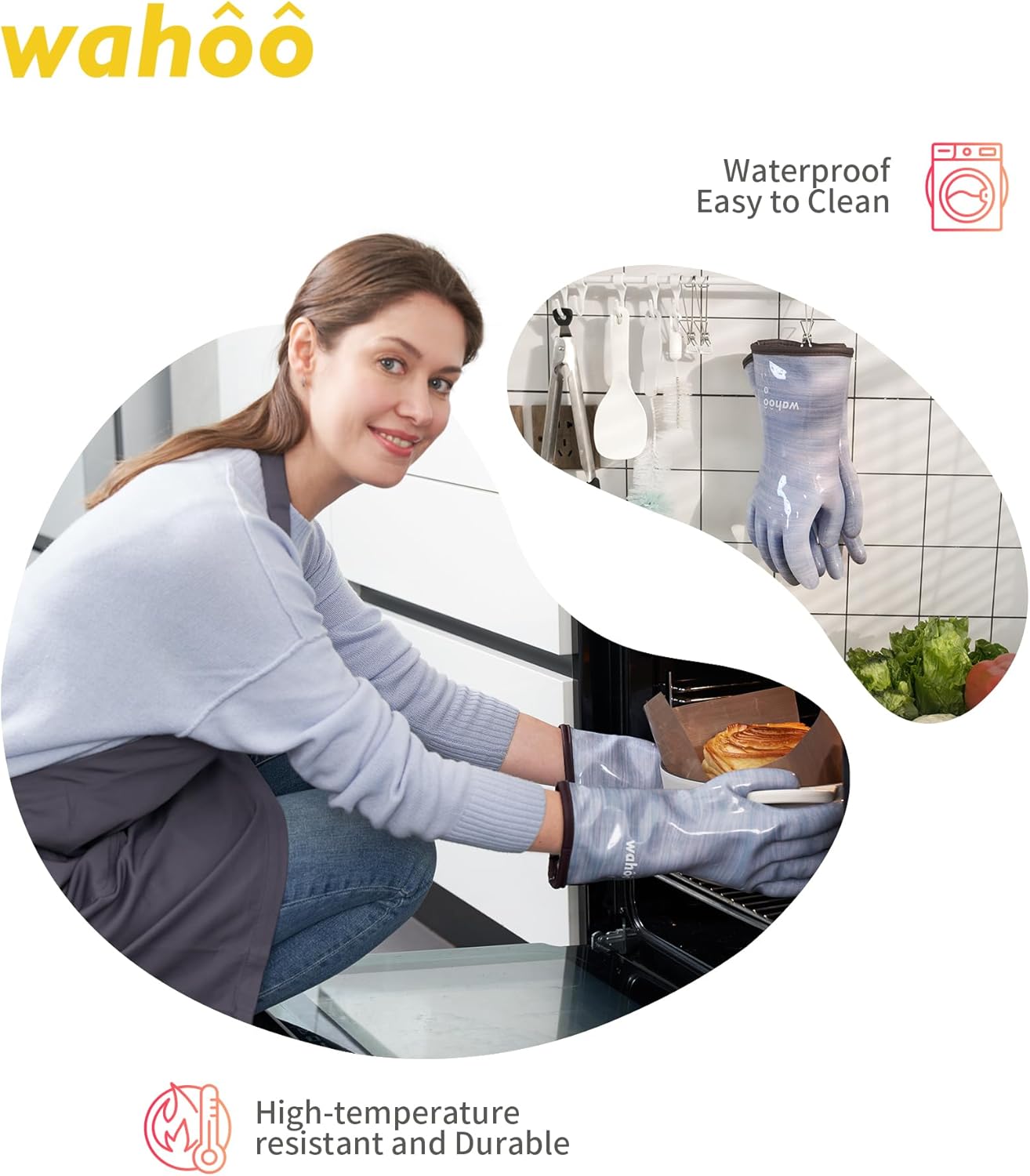 wahoo Professional Liquid Silicone Oven Mitts Gloves, Heat Resistant Gloves for Cooking, Baking, CoralAir Liner, 12 Inch,