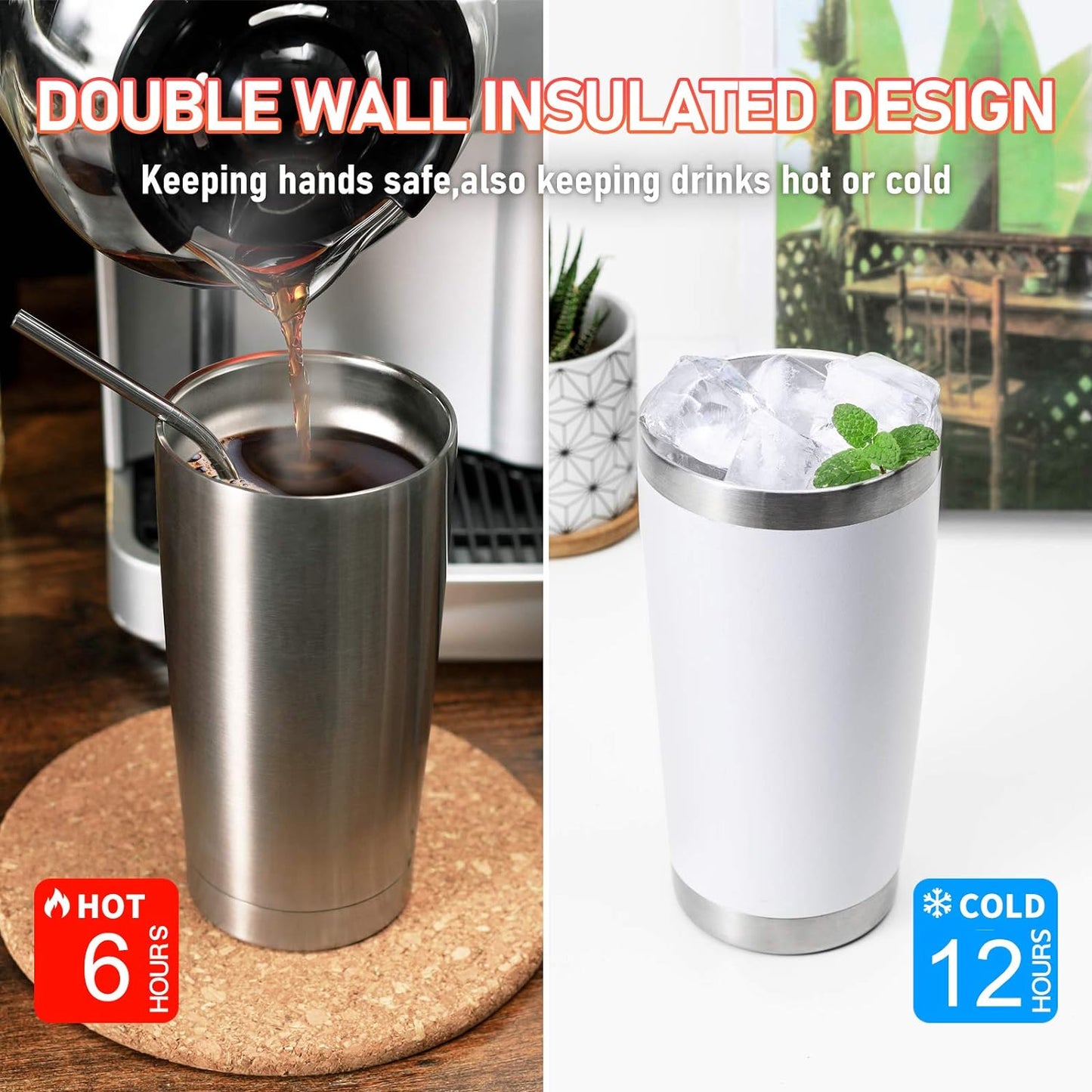 COMOOO 20oz Stainless Steel Navy Tumbler Bulk with Lid and Straw Insulated Coffee Tumbler Cup Double Wall Vacuum Travel Mug for Cold Drinks and Hot Beverage (Navy, 4 Pack)
