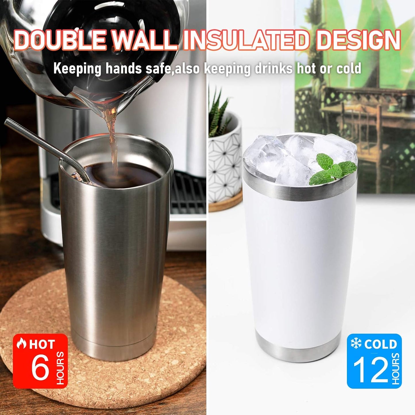 COMOOO 20oz Tumbler Bulk Double Wall Vacuum Insulated Travel Mug, Stainless Steel Tumbler with Lid and Straw Durable Powder Coated Insulated Coffee Cup for Cold &amp; Hot Drinks (Army Green, 4 Pack