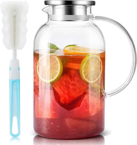 SUSTEAS 2.2 Liter 75oz Glass Pitcher with Lid, Easy Clean Heat Resistant Glass Water Carafe with Handle for Hot/Cold