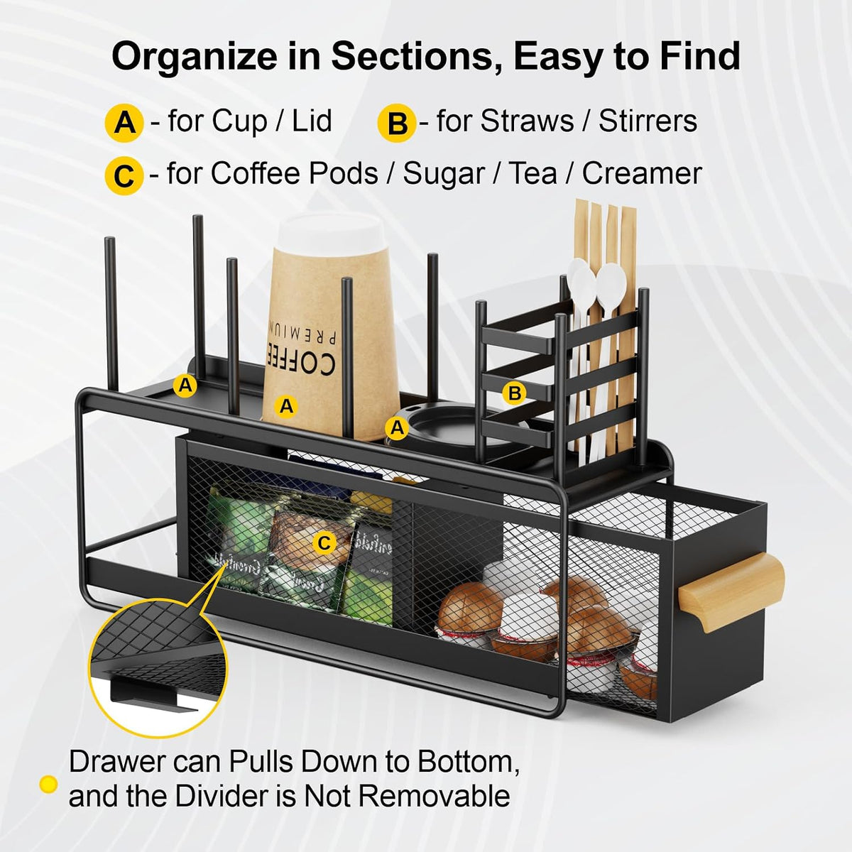 GSlife Narrow Coffee Bar Organizer - Countertop Station with Drawer, Black | Only 4.5 in Wide, Pull-Out Pod Drawer, Cup &amp; Lid Holders, Stirrers, Straws &amp; Condiment Storage, for Coffee Bars &amp; Breakrooms