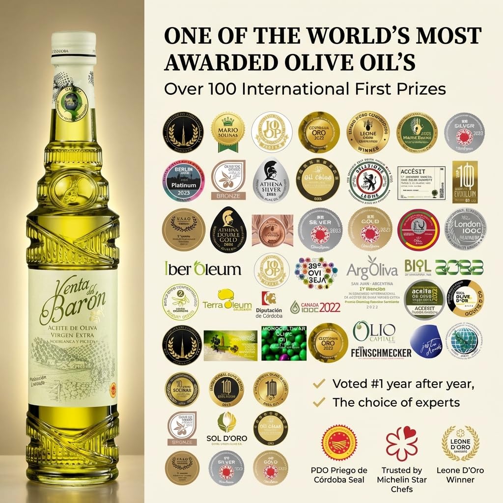 Venta del Barón - Voted The World's Best Olive Oil - Extra Virgin Cold Pressed - High in Polyphenols - 16.9 fl oz (500ml)