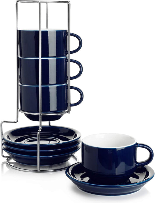 Sweese 8 Ounce Porcelain Stackable Cappuccino Cups with Saucers and Metal Stand - for Specialty Coffee Drinks, Cappuccino,