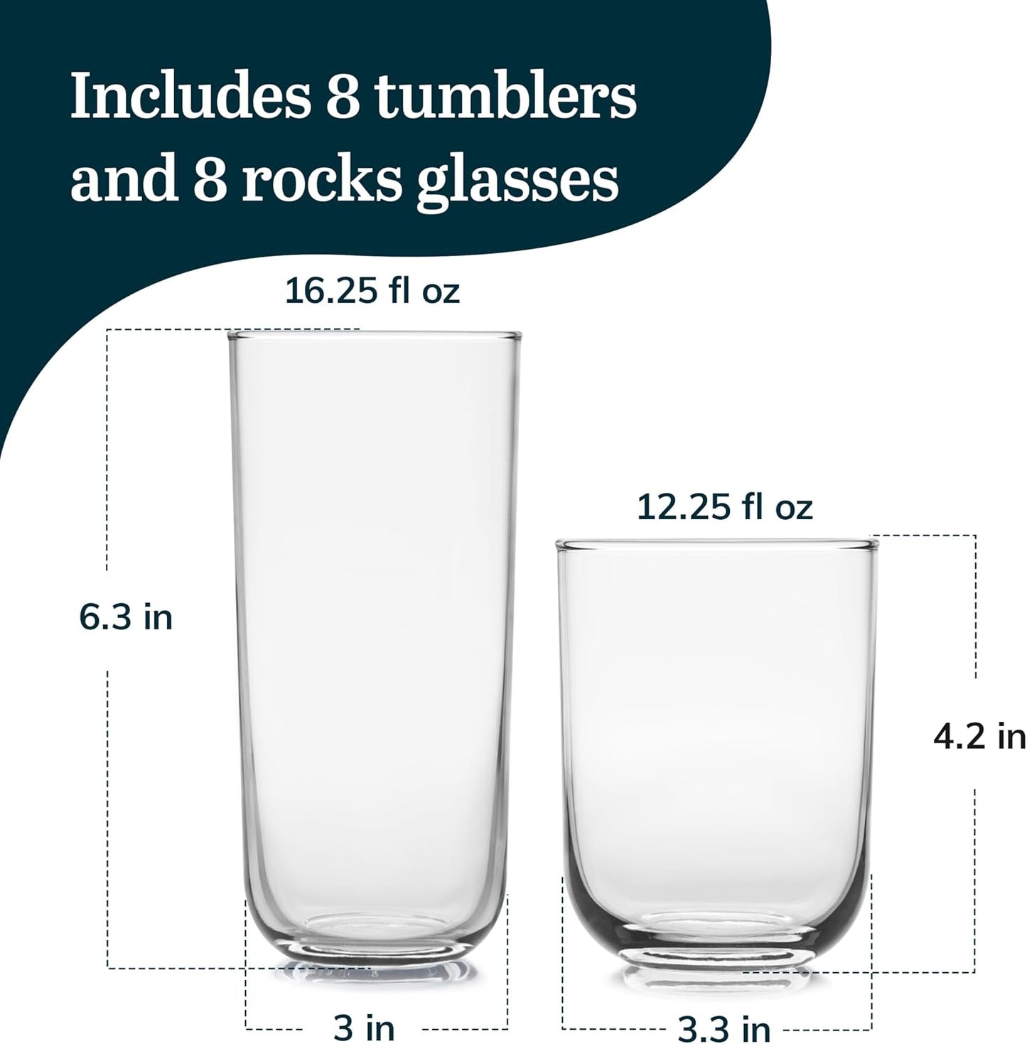 Polaris Axis Tumbler &amp; Rocks Drinking Glasses Set of 16, Glass Cups | 17.75 oz and 15 oz Capacities for Water, Juice, Cocktails, and More with Dishwasher-Safe Convenience for Easy Cleanup