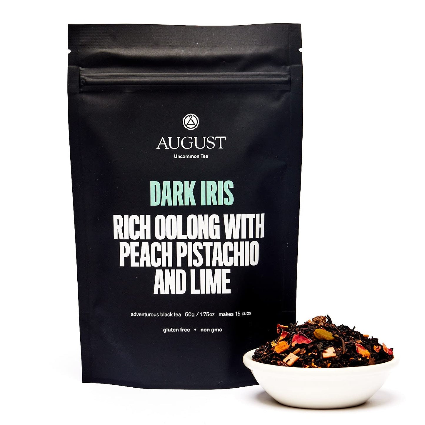 August Uncommon Dark Iris Pistachio Peach Oolong Tea with Caffeine (1.75oz) | Smooth and Energizing Oolong Tea with Floral and Fruity Notes – Loose Leaf Tea for Daily Enjoyment in a Resealable Pouch