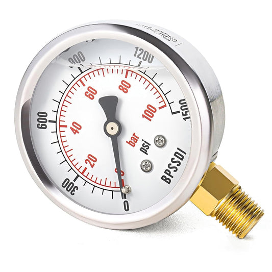 0-1500 Psi Glycerin Liquid Filled Hydraulic Pressure Gauge, 2.5" Dial Size, 1/4" NPT Lower Mount, 304 Stainless Steel Case,