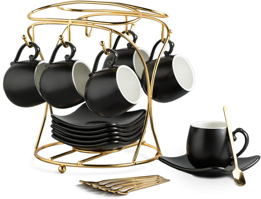 LYEOBOH Espresso Cups with Saucers Set, 3 Ounces Porcelain Coffee Cups with Metal Stand and Spoons, Cappuccino Cups Cute