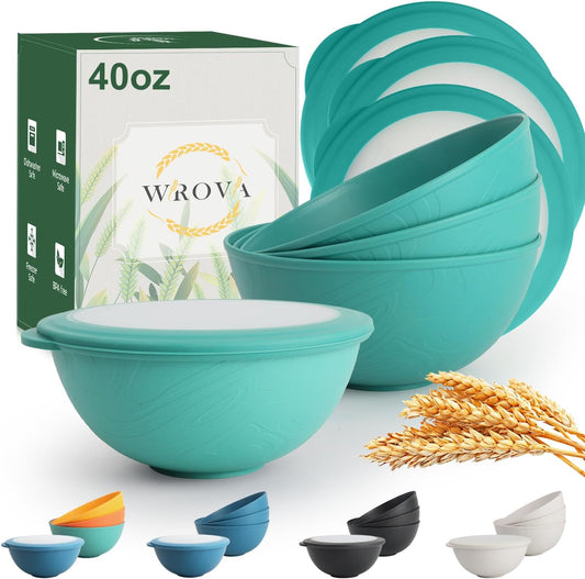 wheat straw bowls set of 4,40oz unbreakable salad bowl set with cover,alternative plastic bowls with cover for